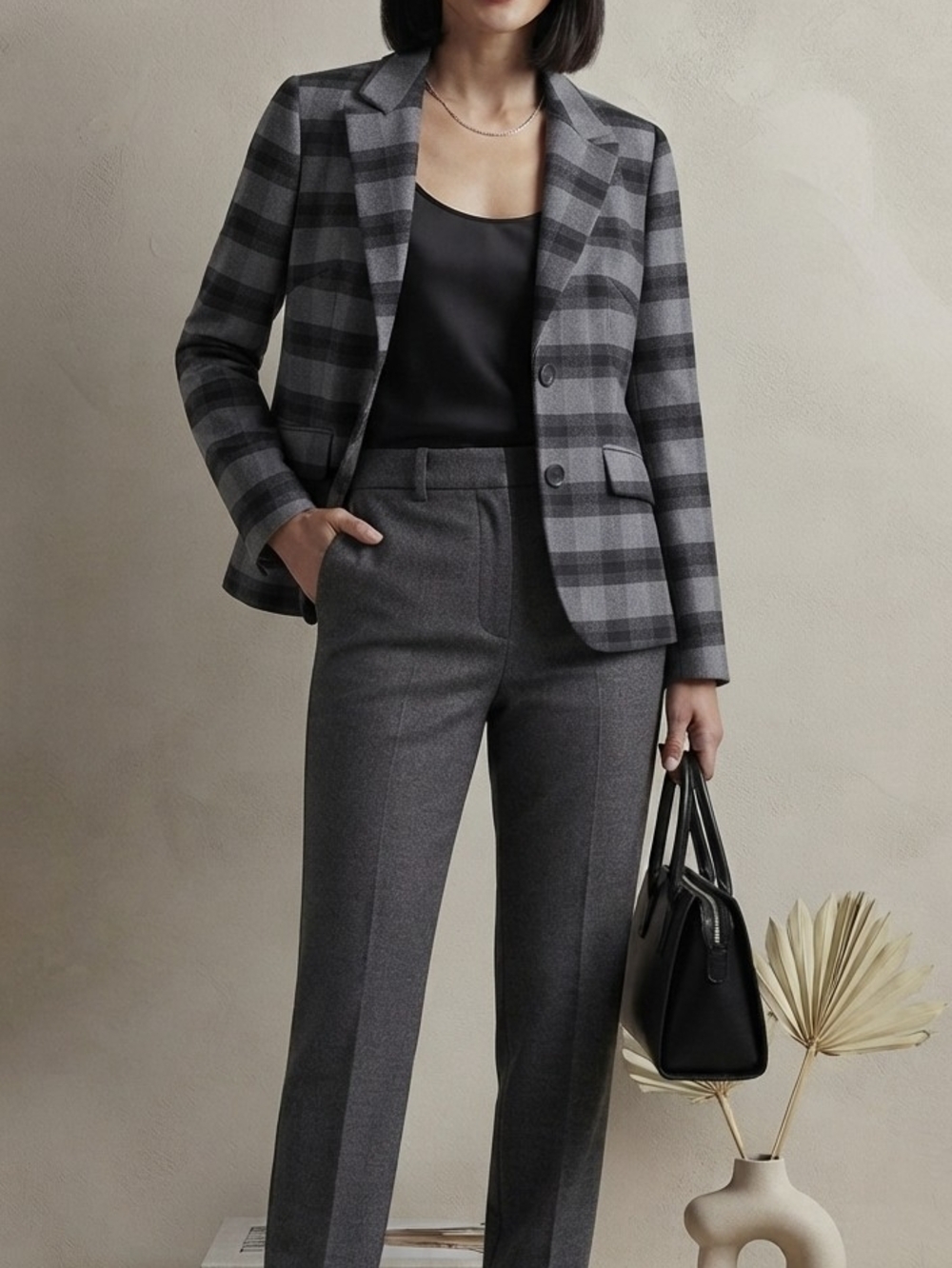 Gray Plaid Single-Button Blazer - Women's Suit Jacket